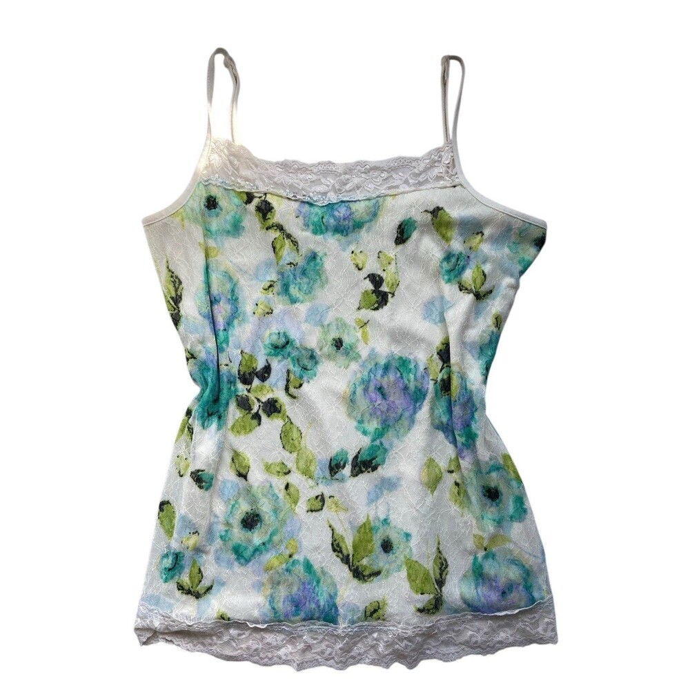 Women‎ Y2K Lace Trim Floral Cami Size XL Blue Overlay Romantic Fairy Coquette